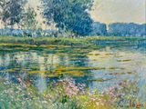 an oil painting of a river with trees and flowers in the foreground