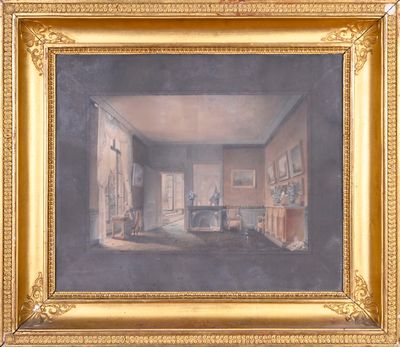 an image of a painting of a living room with a fireplace