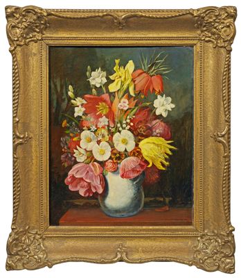 peinture d'un vase de fleurs sur une table dans un cadre doré