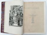 an open book with a drawing of a woman on a throne