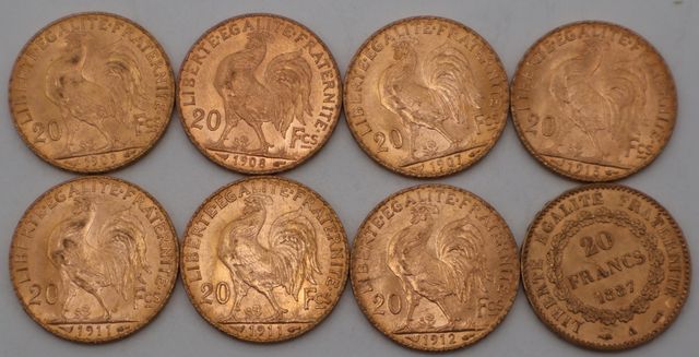 Huit pièces de monnaie en or à valeur faciale de vingt francs (di...