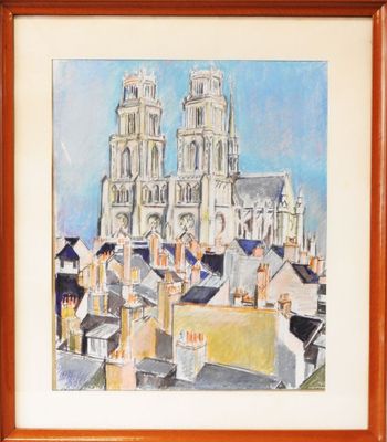 an image of a painting of a city with a church in the background