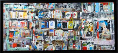 une peinture représentant une bibliothèque sur laquelle sont posés de nombreux livres
