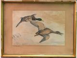 painting of two ducks flying in the sky above a grassy field