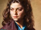 painting of a woman in a purple jacket and blue shirt