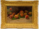 painting of peaches on a table with a basket of leaves