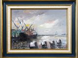 an oil painting of boats docked on a beach near a body of water