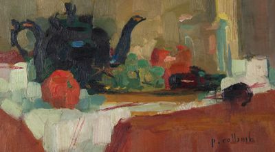 une peinture représentant une théière et des fruits posés sur une table