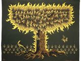 a painting of a tree with sunflowers and birds on it