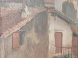une photo d'un tableau représentant un bâtiment avec un chat sur le toit
