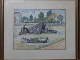 framed watercolor painting of a boat and a crane on a beach