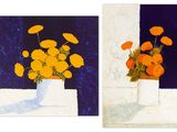 deux tableaux représentant des fleurs orange dans un vase posé sur une table