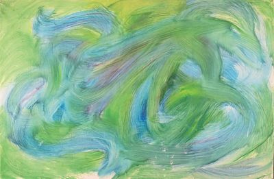 peinture représentant des tourbillons verts et bleus sur fond blanc