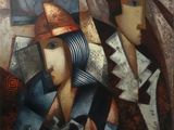tableau représentant une femme coiffée d'un chapeau et tenant une cafetière