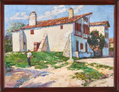 an oil painting of a man standing in front of a white house