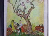 a drawing of a tree and people in a field
