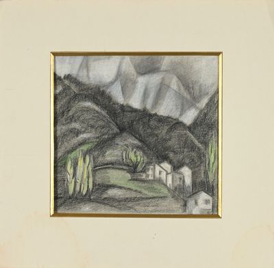 an image of a drawing of a landscape with mountains in the background