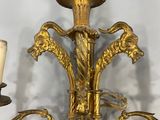 a gold colored chandelier with two candles on it