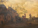 painting of a village scene with a man on a horse and a man on a horse in front of a house
