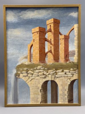 une image représentant un tableau d'un château d'où jaillit une cascade