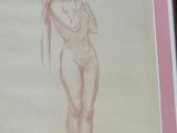 drawing of a nude woman holding a pole in a pink frame