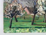 a painting of trees in a field with a house in the background