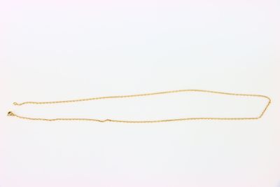 a gold necklace with a long chain on a white background