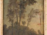 an old painting of a man riding a horse in a wooded area