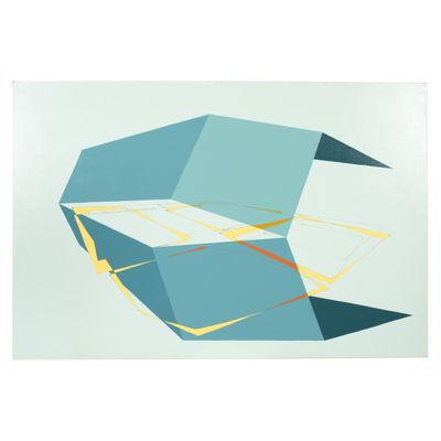 a blue and yellow print of a box with a bird on it