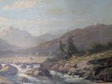 a painting of a mountain scene with a river in the foreground