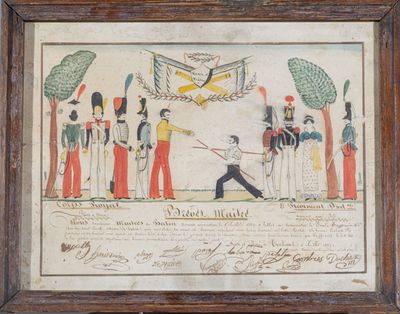 an old painting of a man holding a sword in front of a group of soldiers