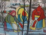 a picture of a painting of two women in the snow