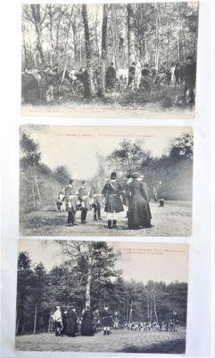 two old black and white photos of people and animals in the woods
