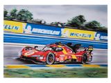 tableau représentant une voiture de course sur un circuit, avec des arbres en arrière-plan