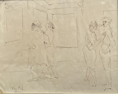 drawing of a group of people standing in a room next to a window
