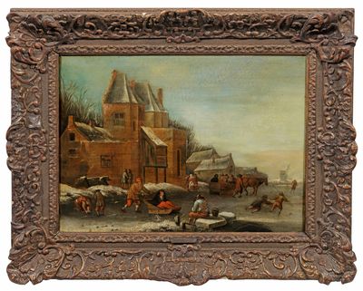 une image représentant un tableau représentant une scène de village avec une calèche tirée par un cheval