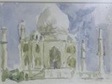 a watercolor painting of a taj mahal in india