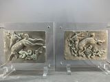 pair of marble reliefs of animals and flowers on acrylic bases