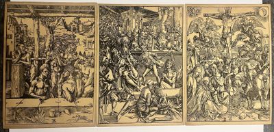 quatre panneaux d'un tableau représentant une bagarre entre deux hommes et une femme
