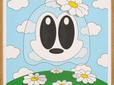 a painting of a cartoon cow with daisies on a hill