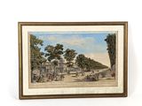 tableau représentant une scène de rue avec une calèche au premier plan et un bâtiment à l'arrière-plan