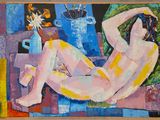 une peinture représentant une femme nue assise sur une chaise