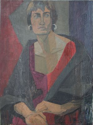 painting of a woman in a red dress sitting on a chair