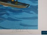 a painting of a man in a boat in the water