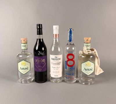 plusieurs bouteilles d'alcool sont alignées sur une table