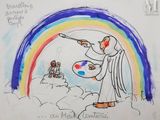drawing of a man holding a paintbrush and a palette with a rainbow in the background