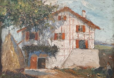 painting of a white house with red shutters on a sunny day