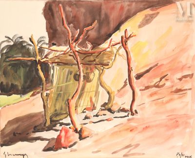 une aquarelle représentant un cheval tirant une charrette