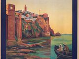 an old french travel poster of a small town on the coast