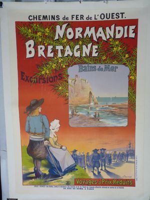 affiche représentant une femme et un enfant assis sur un banc face à la plage